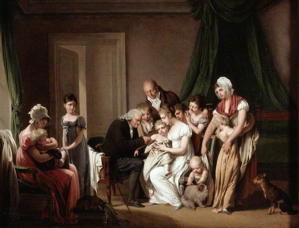 Louis-Léopold Boilly : une scène de vaccination familiale. Œuvre conservée par la Wellcome Collection, domaine public ; ce n’est pas une scène réunionnaise.
