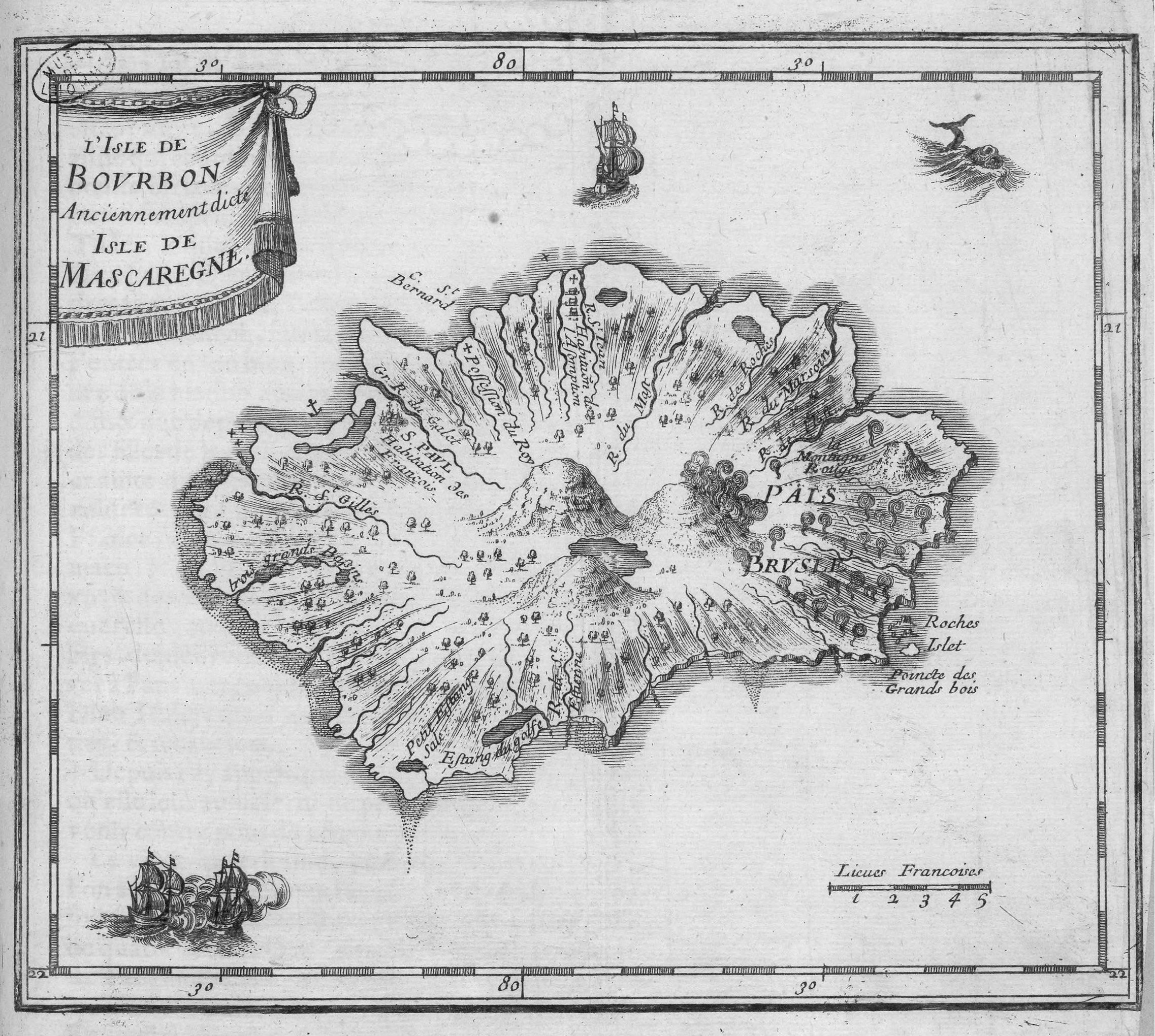 Carte ancienne de Bourbon publiée par Étienne de Flacourt en 1661