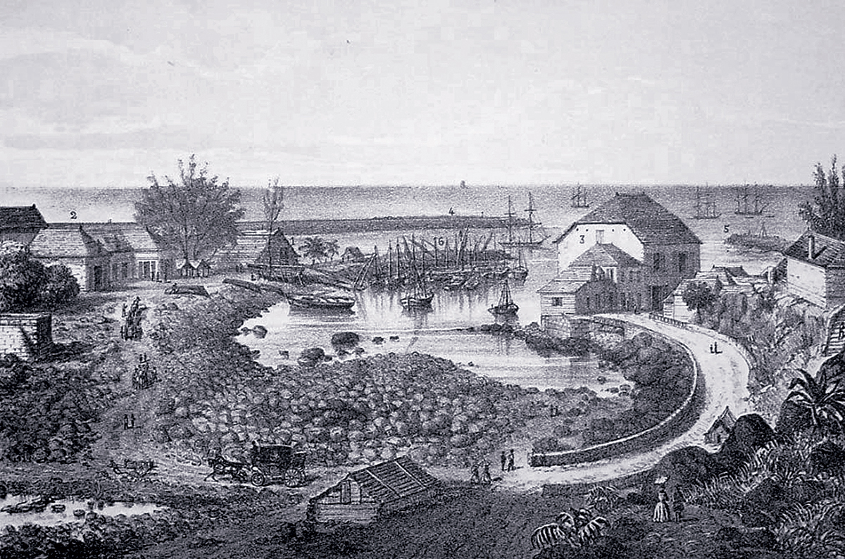 Travaux du port de Saint-Pierre, lithographie de 1860