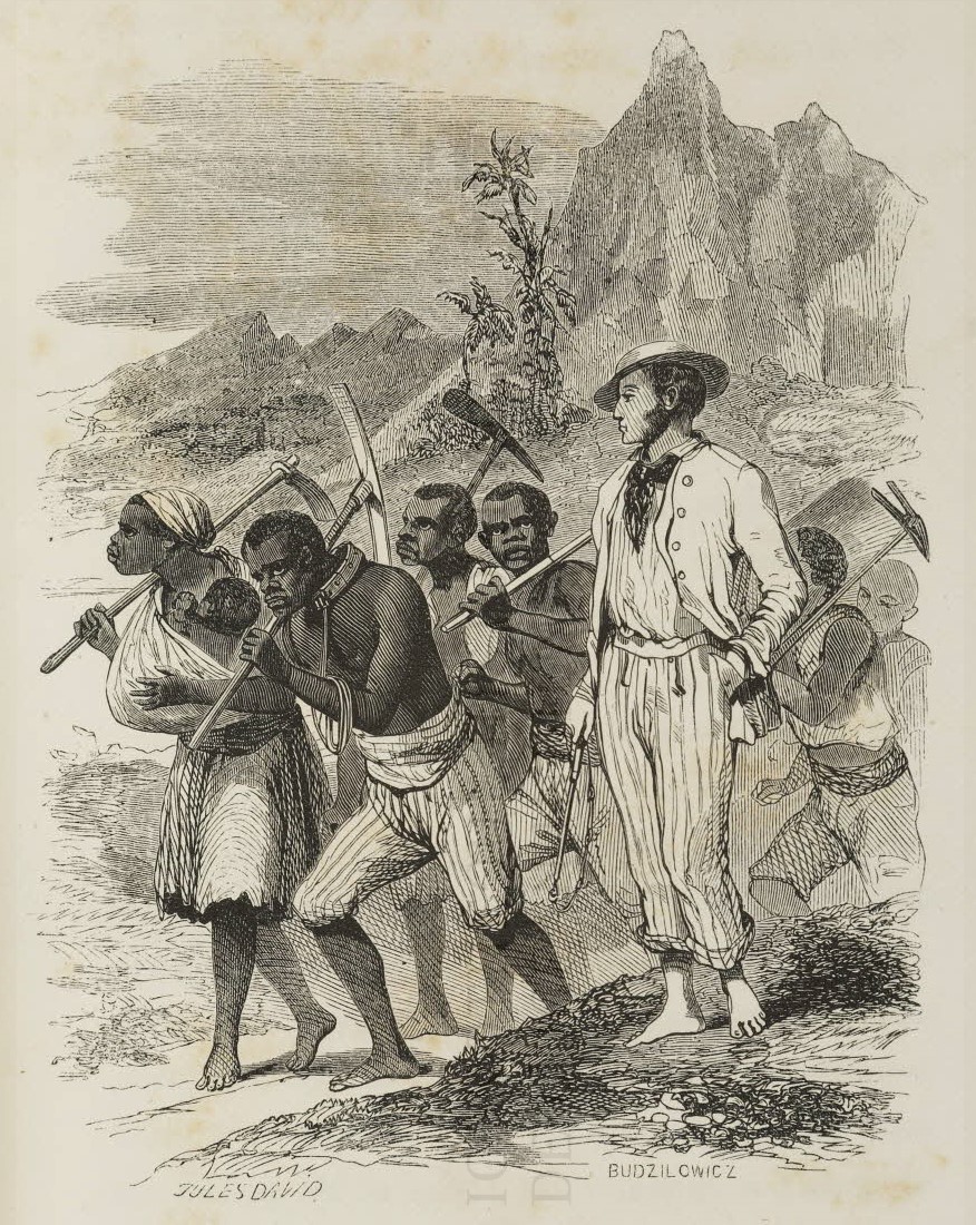 Gravure de 1850 : un groupe d’hommes et de femmes avec des outils, et un homme en vêtement clair